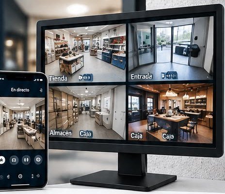 Monitor y móvil mostrando cámaras de un comercio en directo
