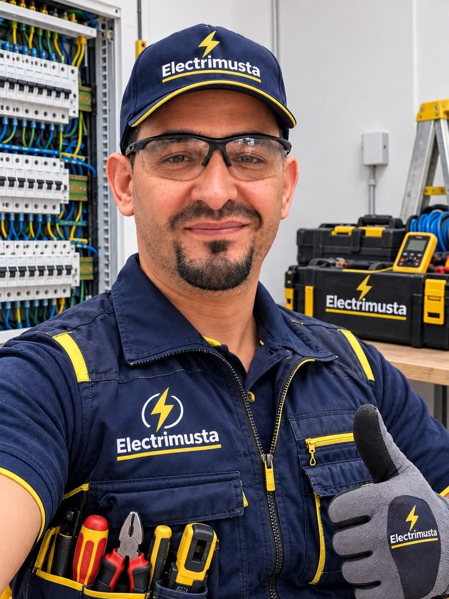 Técnico de Electrimusta con uniforme y herramientas junto a un cuadro eléctrico
